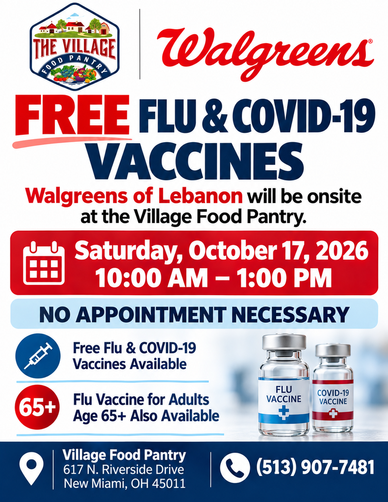 Village Food Pantry and Walgreens free flu and COVID-19 vaccination event, October 17, 2026